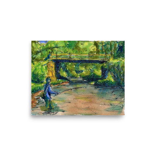 Fishing by a Bridge, 8" x 10" Print